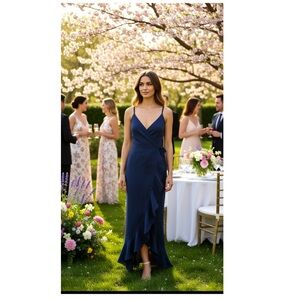 J.McLaughlin Emilia sleeveless navy linen wrap midi dress with ruffle side trim